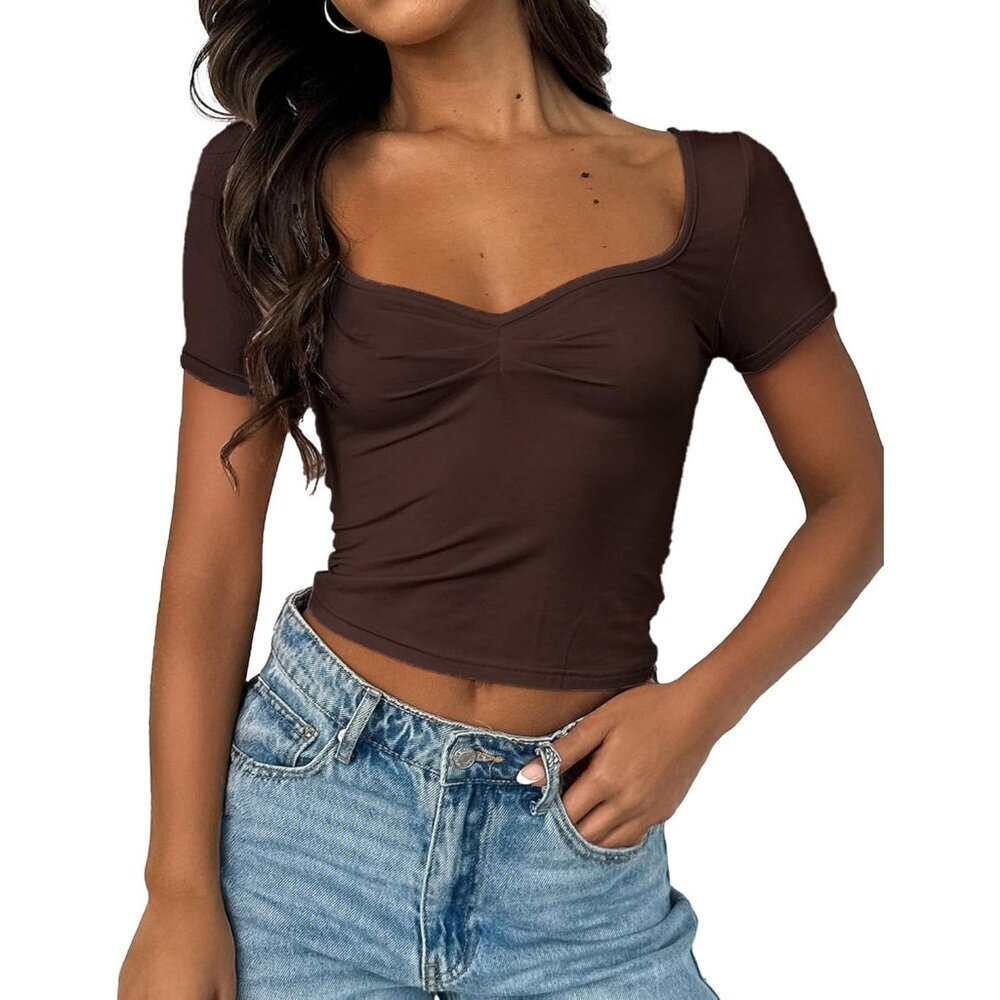 Women's Cropped Tops Brown Short Sleeve Pleated Ruched Casual Sweetheart Neck